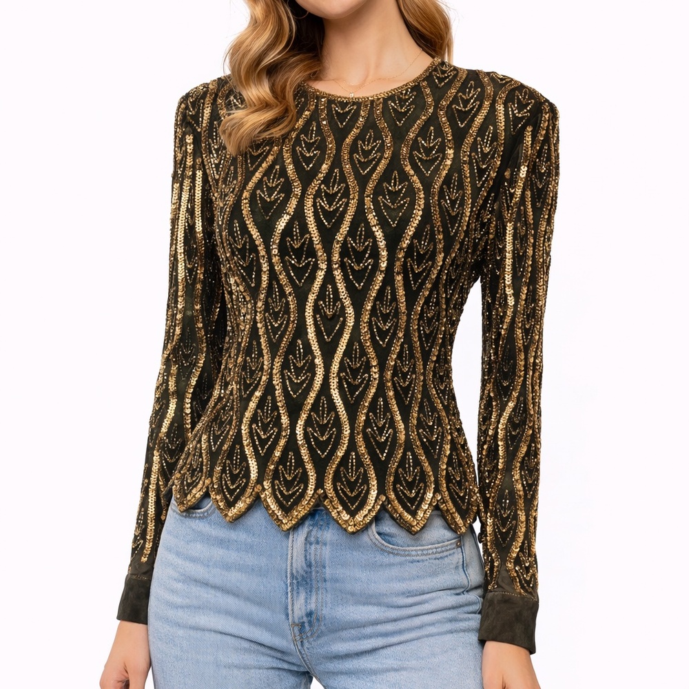Art Deco silk Stenay sequin top M black and gold